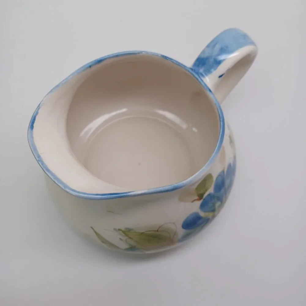 Blue Floral Pitcher Made In Portugal Secla Vintage Flower Leaf Print Wide Mouth‎